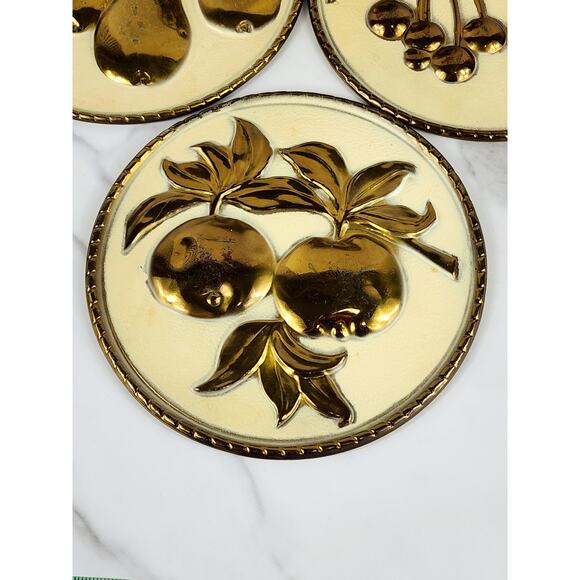 Elpec England Brass Embossed Fruit Wall Hanging Plaques 7 1/2" Home Decor 80s x4 - Picture 5 of 16